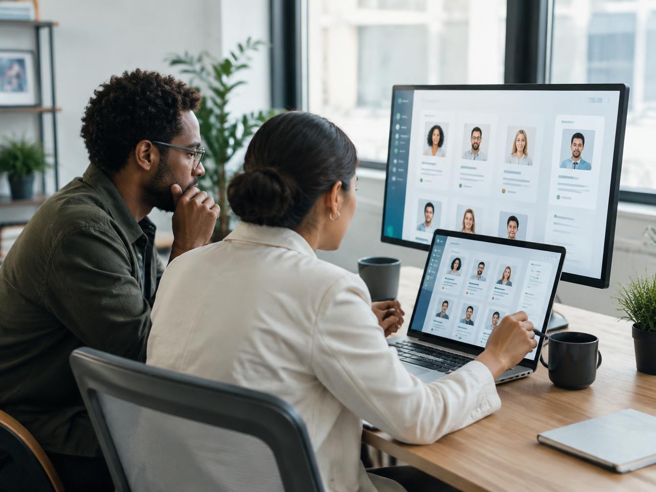 Two recruiters reviewing candidate profiles together