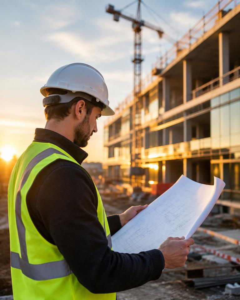 Construction manager reviewing plans on a building site