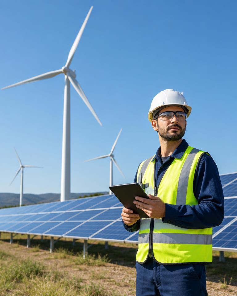 Utility technician beside wind turbines and solar panels