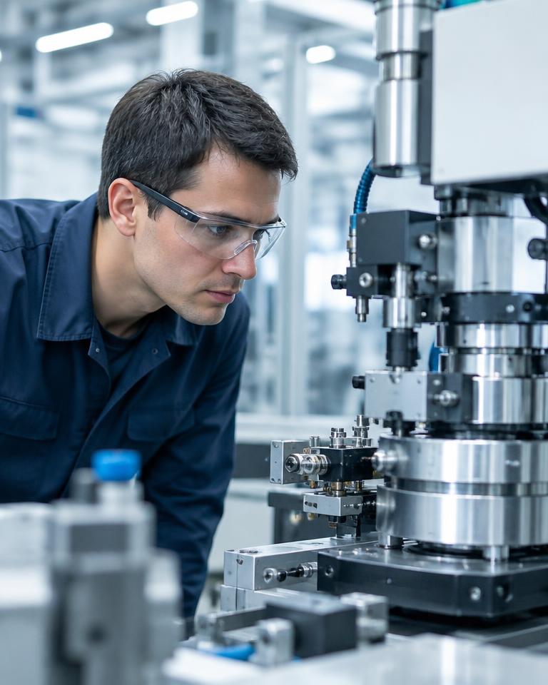 Engineer inspecting precision machinery in a manufacturing facility
