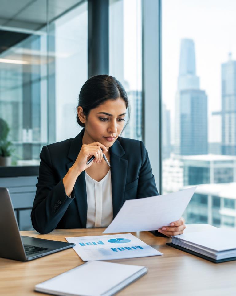 Finance professional analyzing reports in an office