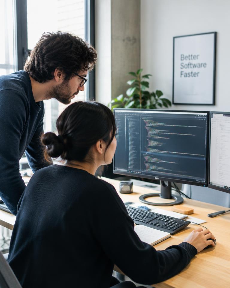 Software developers collaborating at their monitors